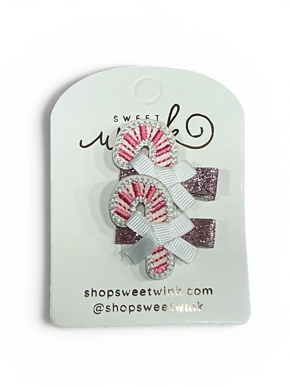 SWEET WINK Candy Cane Glitter Ribbon Hair Clips Set of 2 White/Pink NWT